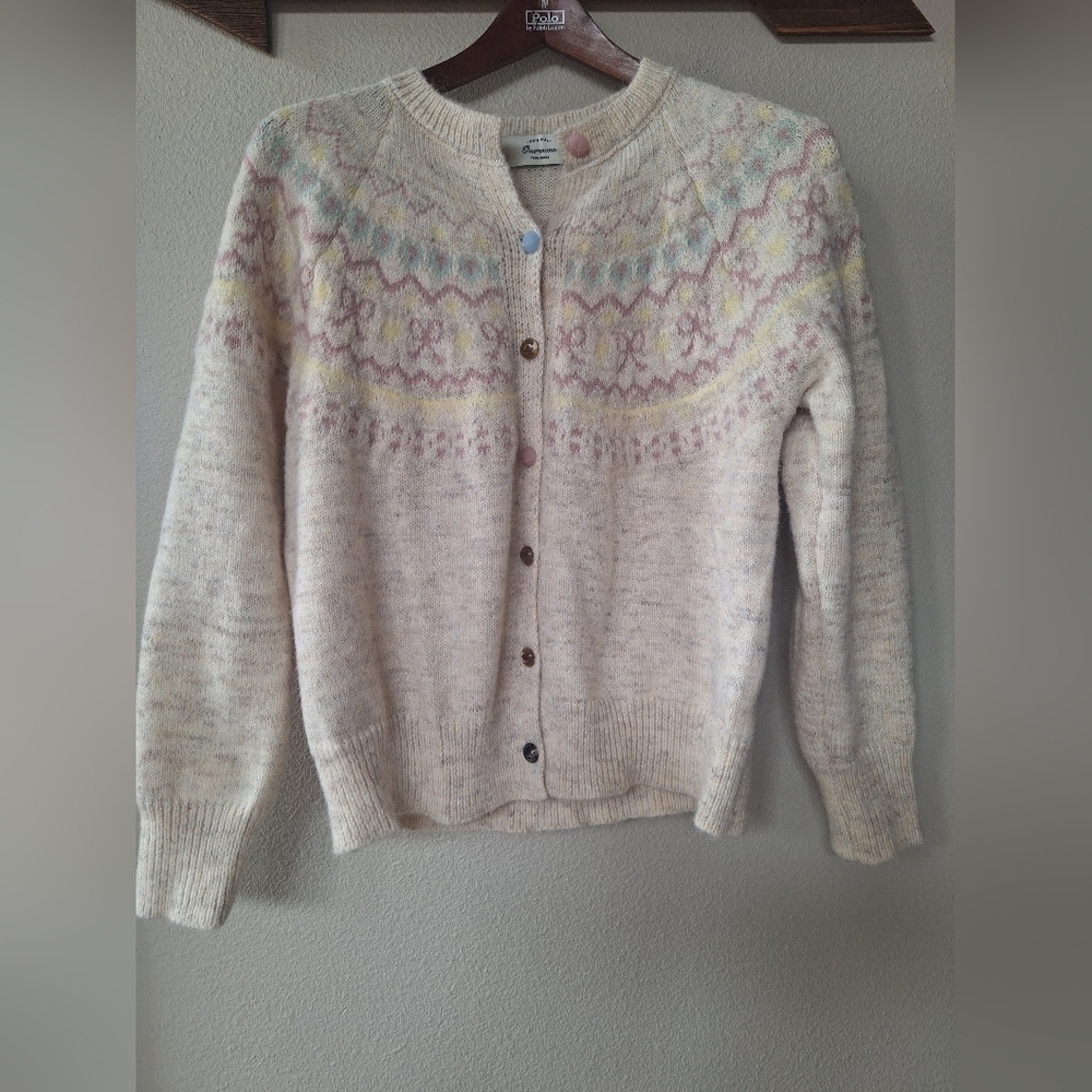 One Mone Womens Fair Isle Button Sweater Cardigan Oatmeal Pastel Size S/M